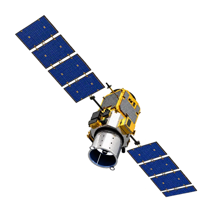 The CALIPSO spacecraft: a compact bus in gold thermal blanketing between two blue solar wings, the lidar telescope facing down.