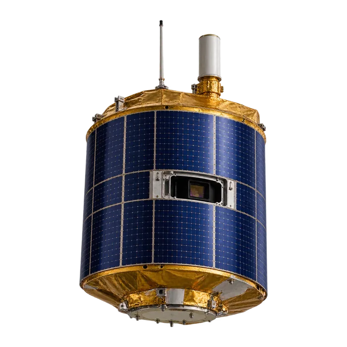 A Meteosat Second Generation satellite: a drum wrapped in solar cells, the imager's window in a band around its middle and its antennas on top.